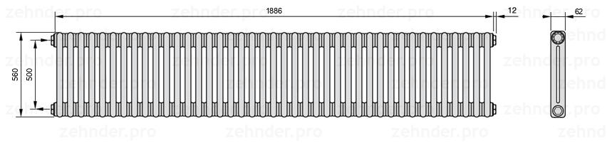 Схема (чертеж) Радиатор Zehnder Charleston 2056/41 №1270 Белый глянцевый RAL 9016